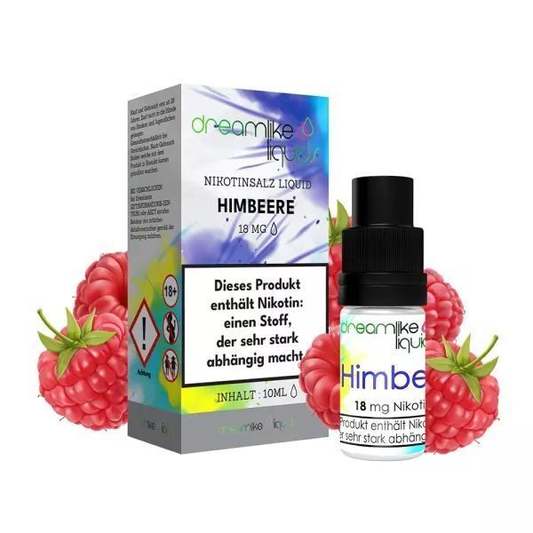 Liquid Himbeere mit 18mg Nikotin von Dreamlike Liquids Dreamlike Nikotinsalz Liquid Himbeere 18 mg in 10 ml Flasche, Verpackung mit Himbeermotiv und Nikotinwarnung, umgeben von Himbeeren.
