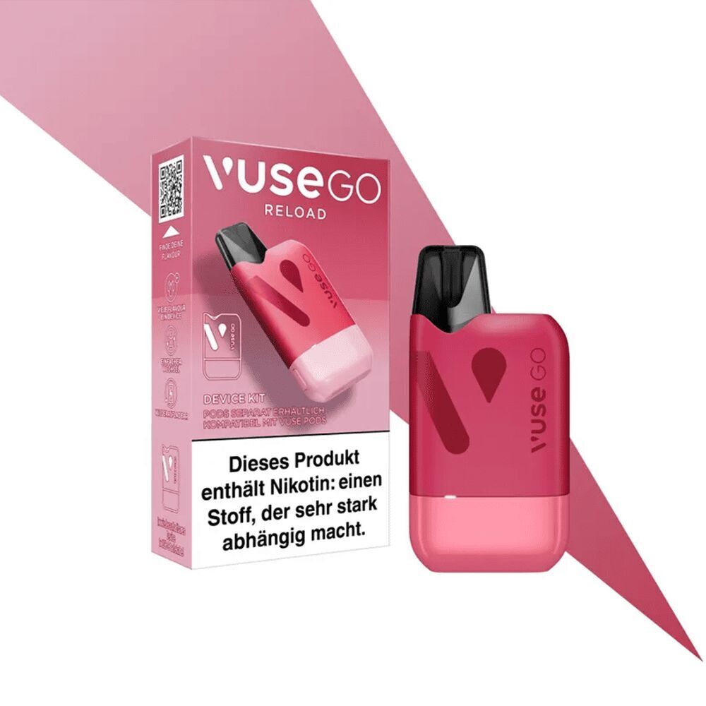 Vuse Go Reload Akku Box - Red Vuse Go Reload Akku Box in Rot, bestehend aus einem roten Akkugerät und der zugehörigen Verpackung, mit einer Nikotin-Warnung.