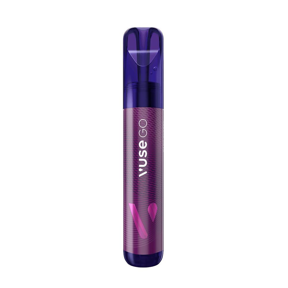 Dark Cherry 20mg - Vuse GO 1000 Einweg Vuse GO 1000 - Dark Cherry 20mg E-Zigarette in lila-blau mit Vuse-Logo und strukturiertem Design, zylindrische Form mit abgerundeten Enden.