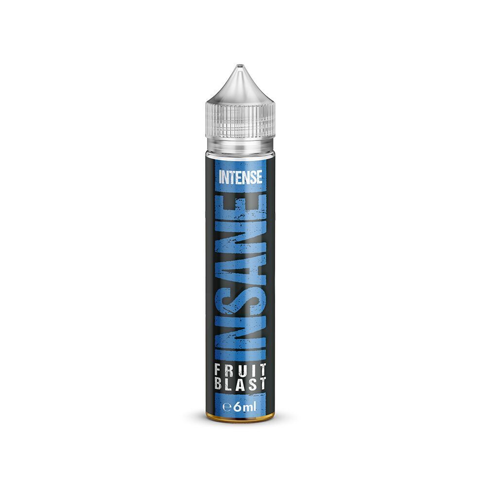 Aroma Fruit Blast - Insane E-Liquid-Flasche mit schwarzem Etikett, blauer Aufschrift "Insane", darunter "Fruit Blast", Füllmenge 6 ml, klare Verschlusskappe.