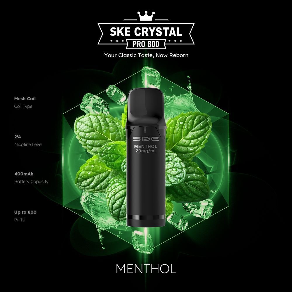 SKE Crystal 800 Pro Pods - Menthol SKE Crystal Pro Pods Menthol 20mg, schwarzes Gerät vor grünem Hintergrund mit Minzblättern und Eiswürfeln, Text: Mesh Coil, 2% Nicotine, 400mAh, 800 Puffs