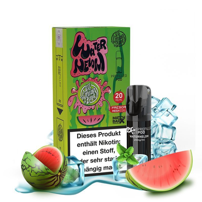 Waternelom 20mg - 187 Strassenbande Pods 187 Strassenbande Pod Waternelom 20mg, grüne Verpackung mit Watermelon-Illustrationen, umgeben von Melonenhälften mit Eiswürfeln und Minze
