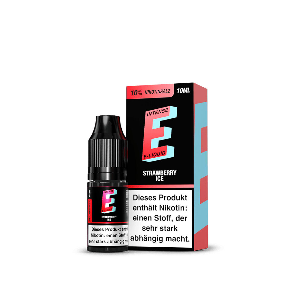 TVE E-Intense Nikotinsalz - Strawberry Ice Flasche und Verpackung von TVE E-Intense Strawberry Ice Nikotinsalz 10mg, mit Warnhinweis, buntes Design, Schriftzüge deutlich sichtbar