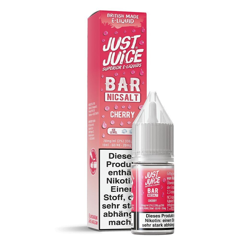 Liquid Cherry 20mg - Just Juice Just Juice Nikotinsalz Cherry 20mg in einer Flasche neben der passenden Verpackung, enthaltene Nikotinwarnungen sichtbar