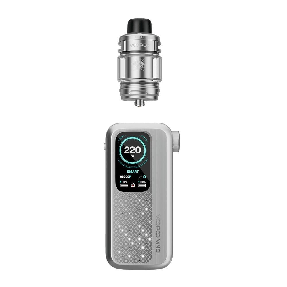 Voopoo Vinci Spark 220 Box Kit in Tech Silver mit Display, Anzeige von 220W, Smart-Modus und abnehmbarem Tank oben.