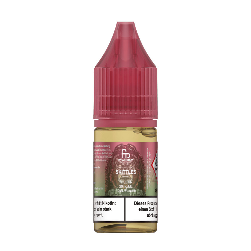 RandM Tornado Nikotinsalz Liquid Flasche RandM Tornado Nikotinsalz Liquid mit Skittles-Geschmack, 20mg Nikotin, 10ml, roter Verschluss, sichtbare Warnhinweise.