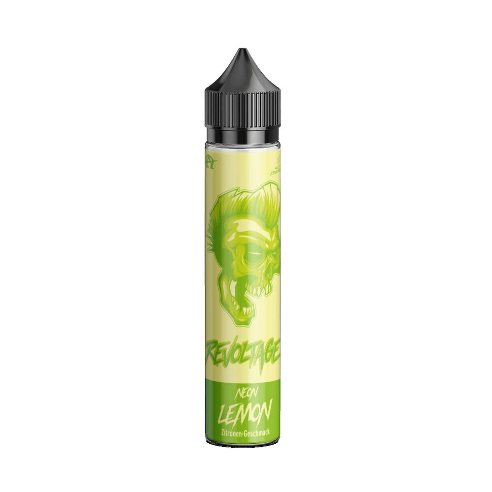 revoltage-longfill-aroma-neon-lemon Flasche Revoltage Longfill Aroma Neon Lemon mit grünem Totenkopf und Zitronengeschmack-Aufschrift in lebendigen Farben
