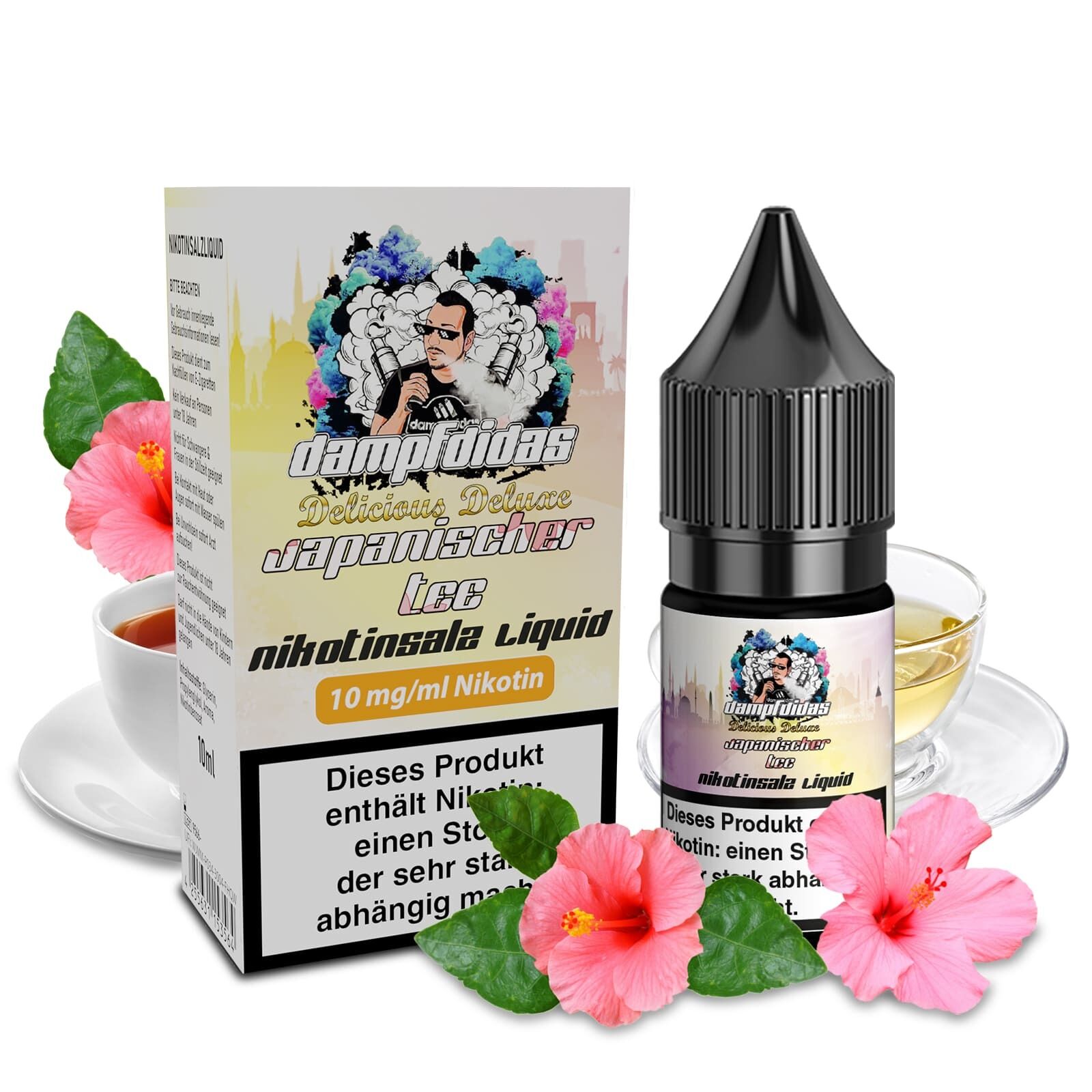 Liquid Japanischer Tee 10mg - Dampfdidas Dampfdidas Nikotinsalz Japanischer Tee Liquid neben Verpackung, eine Tasse Tee und Hibiskusblüten, enthält 10 mg/ml Nikotin.