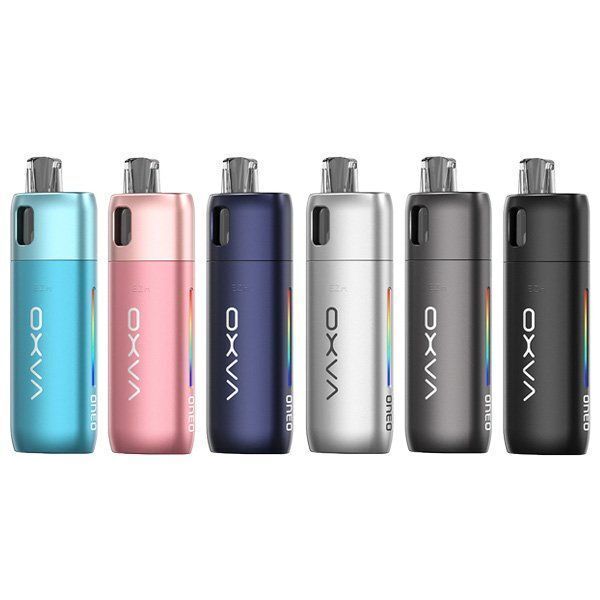 Oxva Oneo Pod Kit Sechs Oxva Oneo Pod Kits in verschiedenen Farben: Blau, Rosa, Dunkelblau, Silber, Grau und Schwarz, nebeneinander angeordnet.