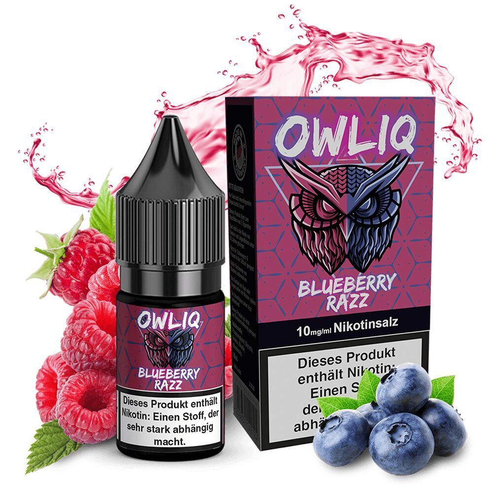Owliq Nikotinsalz - Blue Razz Owliq Nikotinsalz Blueberry Razz mit einer Flasche und Verpackung, umgeben von blauen Beeren und roten Himbeeren, 10mg Nikotinstärke.