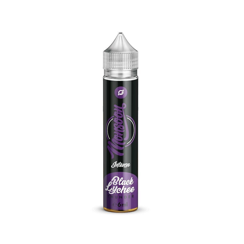 Flasche Monsoon Aroma Black Lychee Thunder mit 6 ml Inhalt, schwarzes Design mit lila Akzenten und durchsichtigem Deckel.