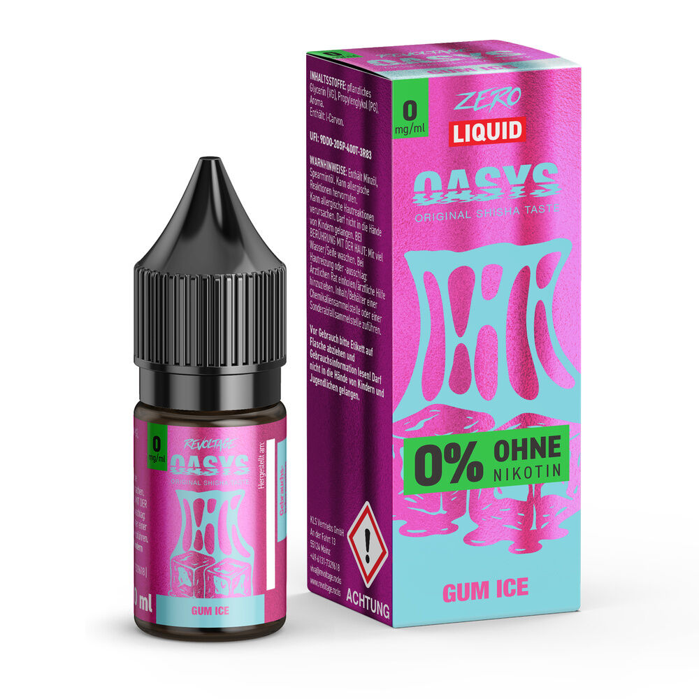 Flasche und Verpackung von Revoltage Oasys Liquid - Gum Ice, keine Nikotinangabe, mit auffälligen pink-türkisen Grafiken und Warnhinweis.