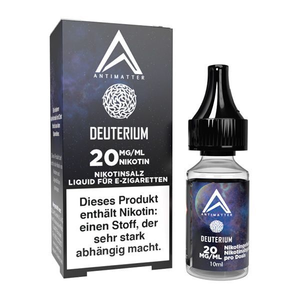 Liquid Deuterium mit 20mg Nikotin von Antimatter Antimatter Deuterium Nikotinsalz 20mg/ml Flasche neben Verpackung mit Warnhinweis, dunkelblaues Design mit weißem Logo und Schriftzug
