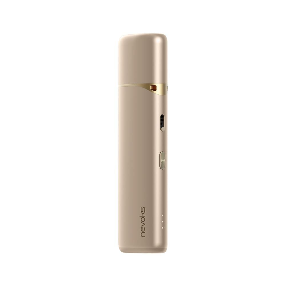 Nevoks Feelin AG Pod Kit in Gold mit glattem Gehäuse, seitlichem Knopf, goldener Zierleiste und Nevoks-Logo unten.