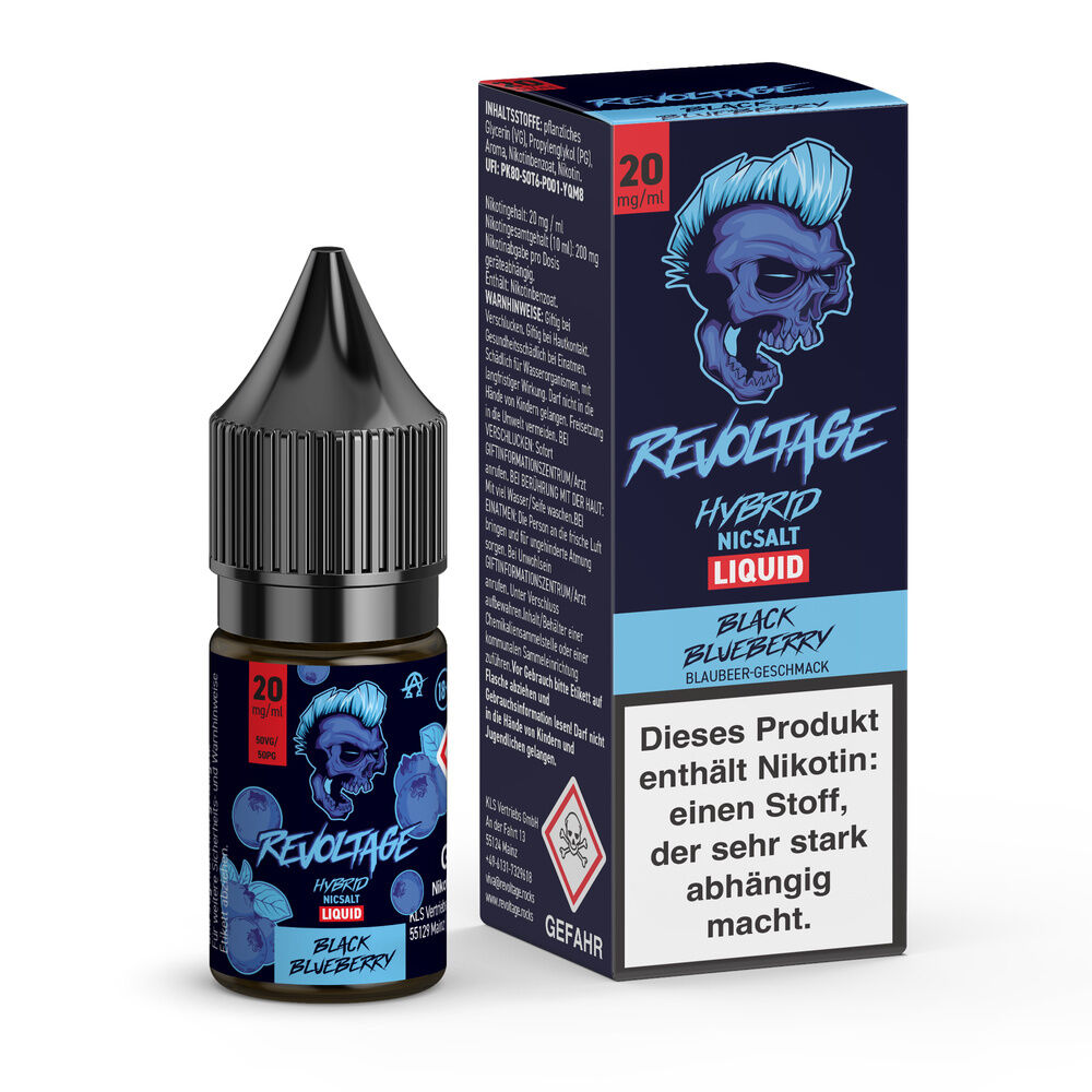 Flasche und Verpackung des Revoltage Hybrid Liquid Black Blueberry mit blauem Totenkopf-Design und Hinweis auf Nikotininhalt.