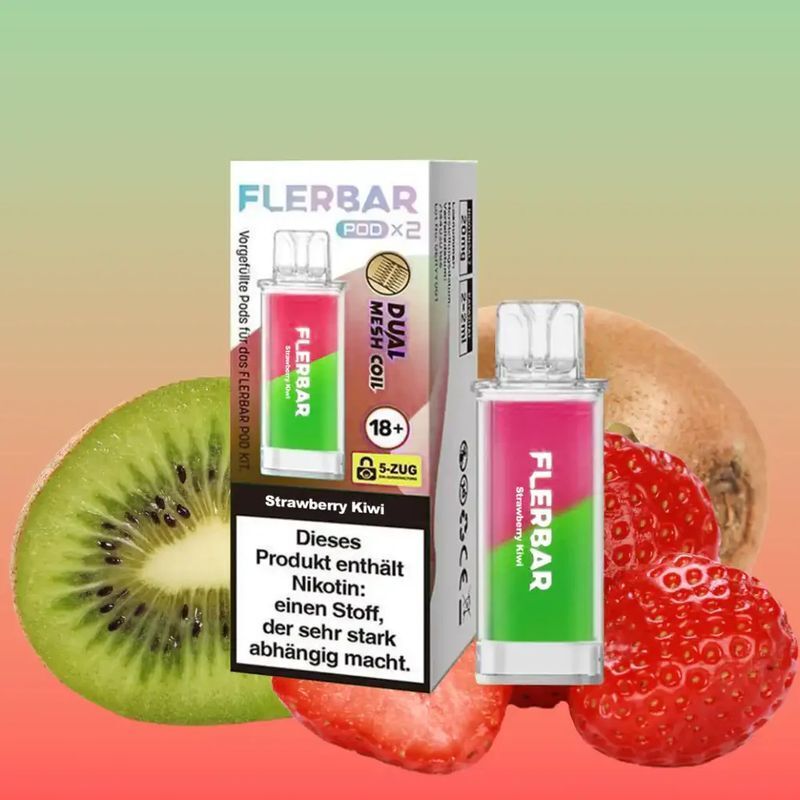 Strawberry Kiwi 20mg - Flerbar Pods Flerbar Pods Strawberry Kiwi 20mg Verpackung vor einer Kiwi und Erdbeere, mit Warnhinweis auf Nikotinabhängigkeit.