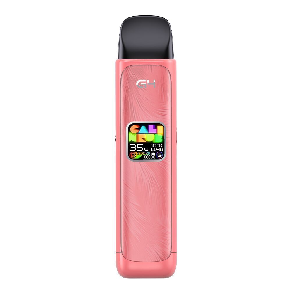 Uwell Caliburn G4 Pod Kit - Flamingo Red Uwell Caliburn G4 Pod Kit in Flamingo Red mit Displayanzeige, buntem Schriftzug und Mustern auf glänzender Oberfläche.