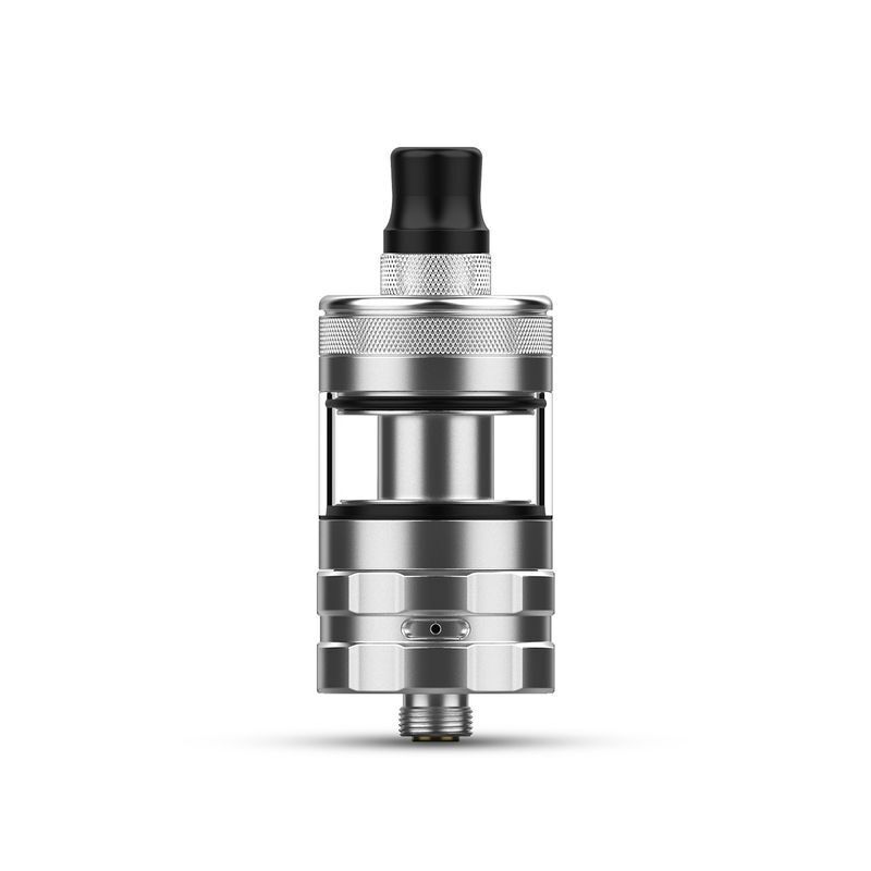 Hellvape Wirice Launcher Mini Silber Hellvape Wirice Launcher Mini in Silber, zylindrischer Verdampfer mit schwarzem Mundstück, gerändelte Oberflächen, Metallstruktur.