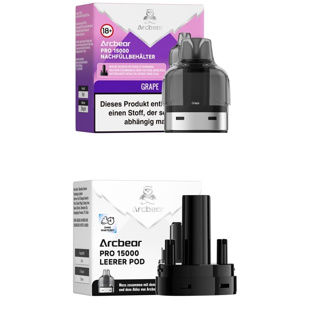 Arcbear Pro 15000 Pods - Grape Ice 20mg Arcbear Pro 15000 Nachfüllbehälter und leerer Pod, lila Verpackung mit Grape-Etikett, Hinweis auf Süchtigkeit durch Nikotin, ab 18.