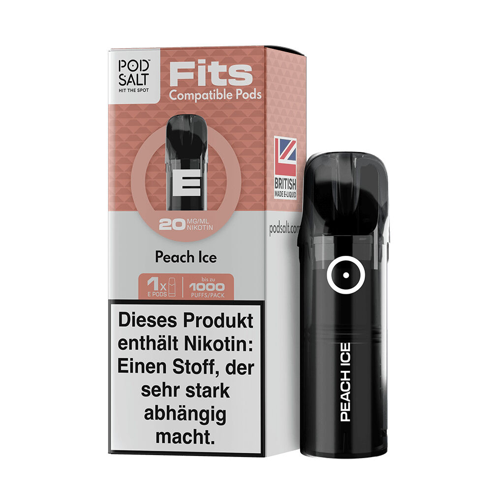 Pod Salt Fits Pods - Peach Ice 20mg Pod Salt Fits Pods Packung mit Peach Ice Geschmacksrichtung, 20 mg Nikotin, schwarze Kartusche daneben, Warnhinweis auf der Packung.