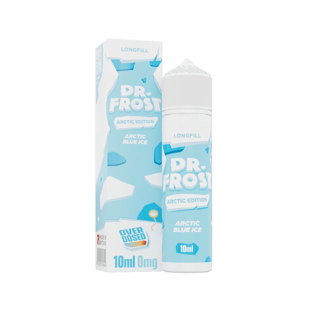 Aroma Arctic Blue Ice - Dr. Frost Dr. Frost Aroma Arctic Edition mit Aufschrift "Arctic Blue Ice" in 10 ml Longfill-Flasche und passender Verpackung, Design in Blau und Weiß