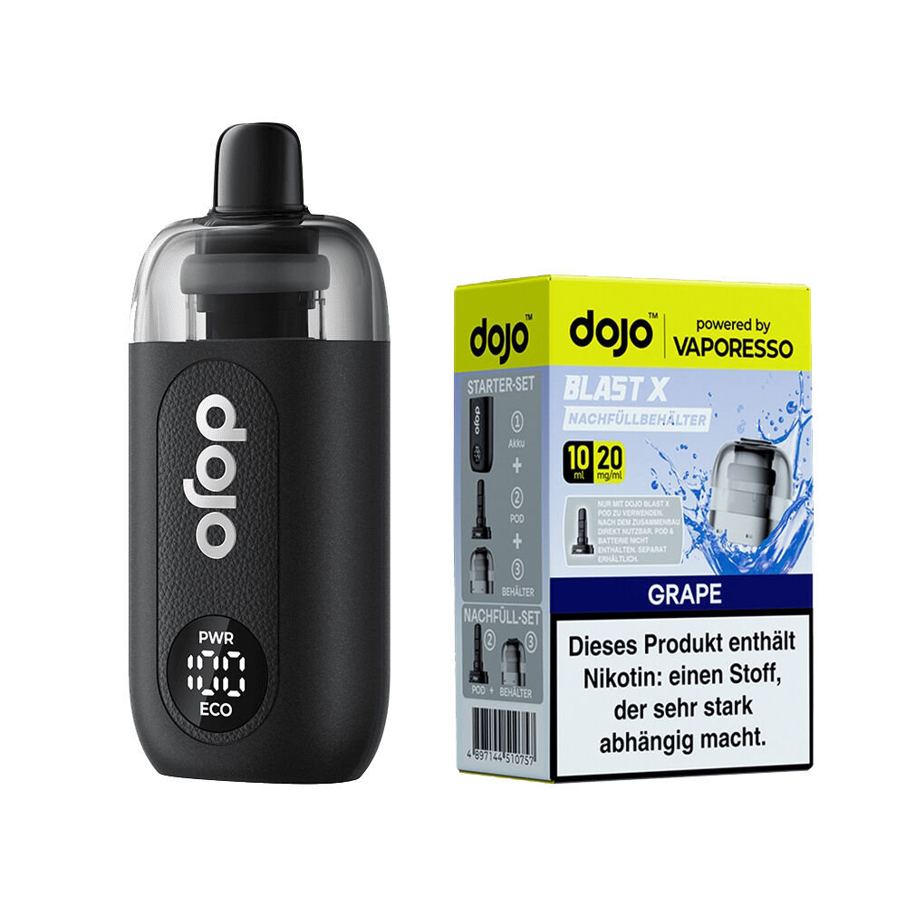 Vaporesso Dojo Blast X Set - Grape 20mg Vaporesso Dojo Blast X Set mit schwarzem Gehäuse und Display neben einer Verpackung mit der Aufschrift "Grape 20mg" und Nikotinwarnung.