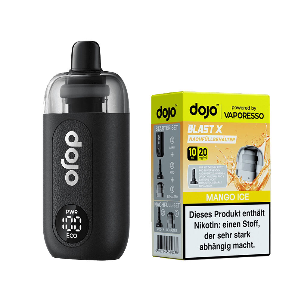 Vaporesso Dojo Blast X Set - Mango Ice 20mg Vaporesso Dojo Blast X Set mit schwarzem E-Zigaretten-Gerät und gelber Verpackung mit Aufschrift Mango Ice 20mg und Nikotinwarnung.