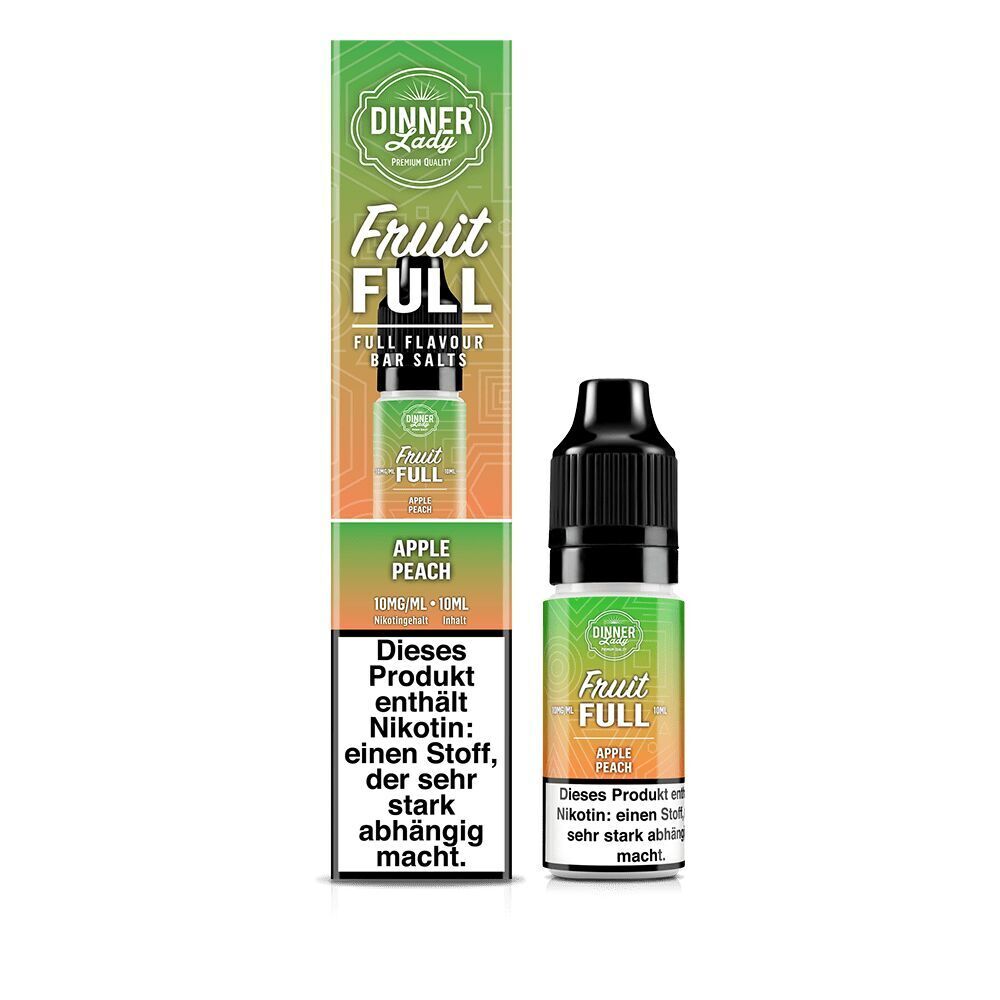 Liquid Apple Peach von Dinner Lady Fruit Full Dinner Lady Fruit Full Nikotinsalz Flasche und Verpackung mit Aufschrift "Apple Peach", beide weisen auf Nikotingehalt hin.
