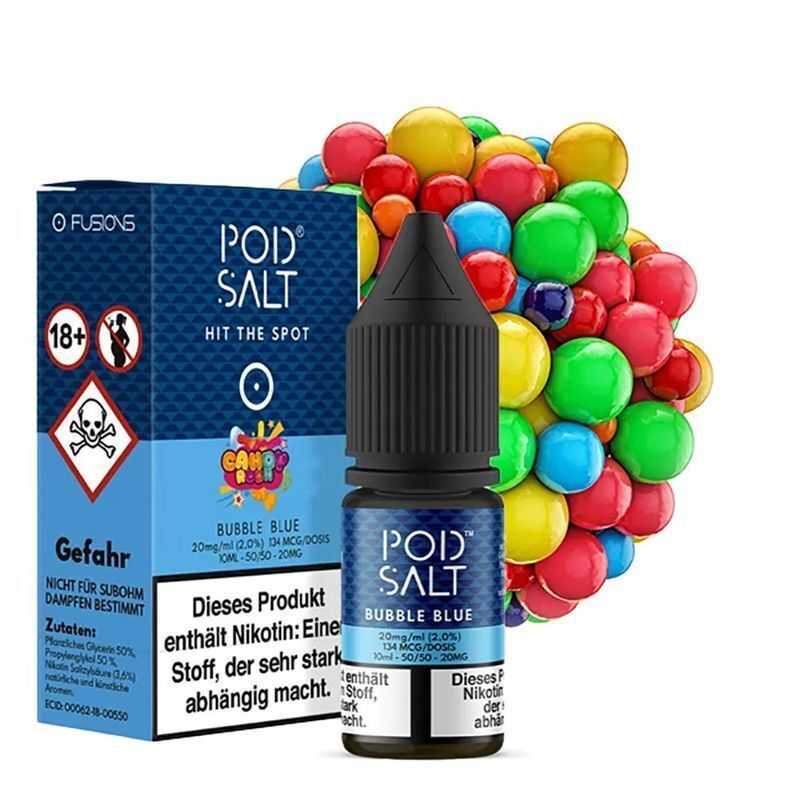 Liquid Bubble Blue mit 20mg Nikotin von Pod Salt Fusion Pod Salt Bubble Blue Nikotinsalz 20mg Flasche und Verpackung mit farbigen Bällen und Warnhinweis, geeignet für Nutzer ab 18 Jahren