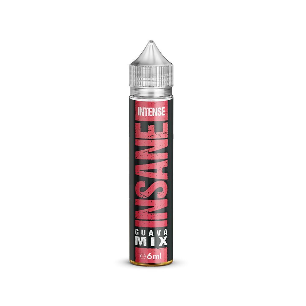 Aroma Guava Mix - Insane Flasche des Aromas "Insane Aroma - Guava Mix" mit schwarzem Etikett, roten Branding-Elementen, transparentem Verschluss und der Angabe 6ml.