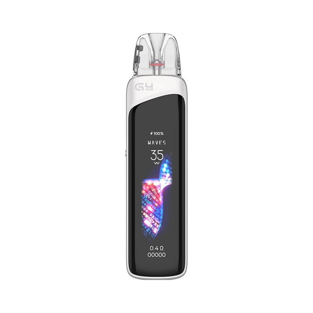 Uwell Caliburn G4 Pro Pod Kit - Frost White Uwell Caliburn G4 Pro Pod Kit in Frost White mit transparentem Mundstück, digitalem Display und leuchtendem Muster, zeigt 35W Leistung.