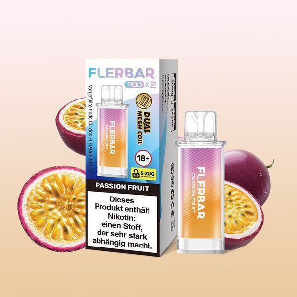 Passion Fruit 20mg - Flerbar Pods Flerbar Pods Passion Fruit 20mg Packung mit Bild einer Patrone, umgeben von aufgeschnittenen Passionsfrüchten, mit Nikotin-Warnhinweis.