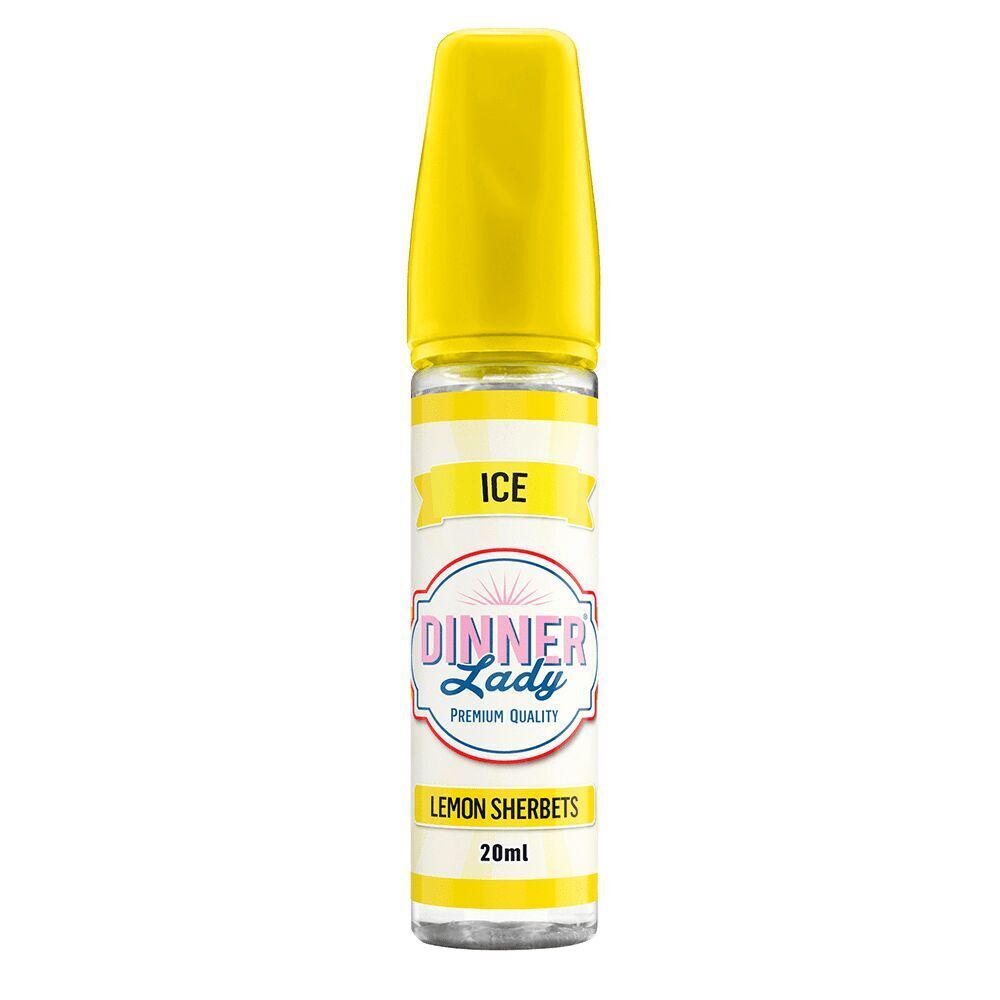 Aroma Lemon Sherbets ICE von Dinner Lady Dinner Lady Aroma-Flasche mit gelbem Deckel, Label mit "ICE" und "Lemon Sherbets", 20ml, auf hellem Hintergrund.