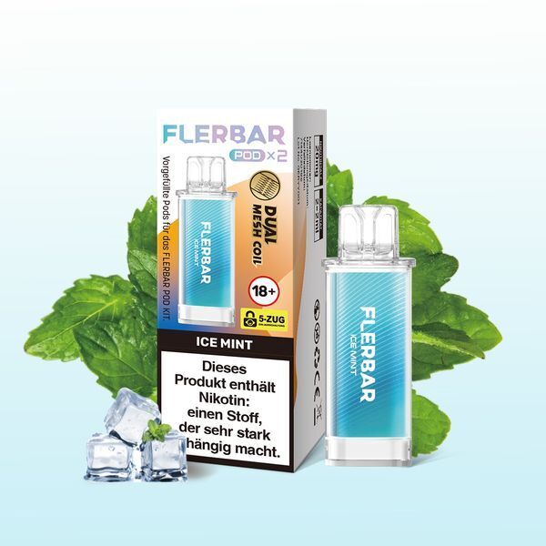 Ice Mint 20mg - Flerbar Pods Flerbar Pods Ice Mint 20mg mit Verpackung, mintfarbene Kapsel, Eiswürfeldekor, Warnhinweis auf Verpackung, grüne Minzblätter im Hintergrund