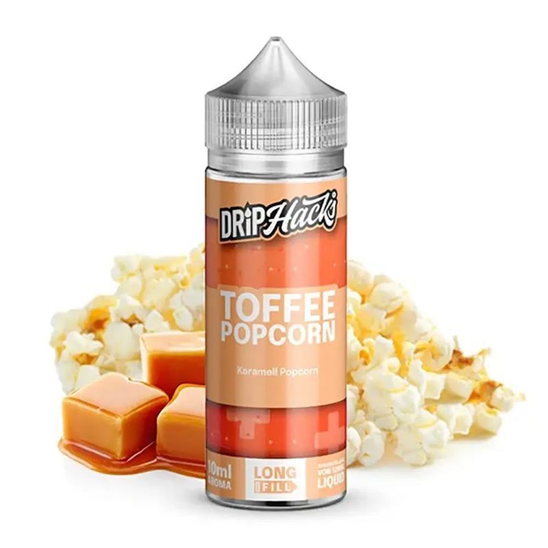 Aroma Toffee Popcorn von Drip Hacks Drip Hacks Aroma Toffee Popcorn Flasche vor einer Kulisse aus Popcorn und Toffee-Stücken mit flüssigem Karamell.