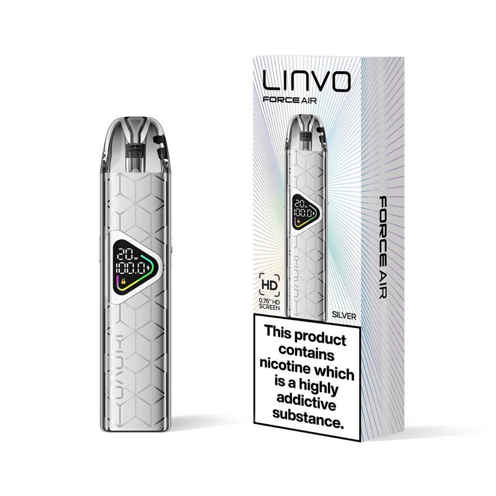 Linvo Force Air Pod Kit in Silber mit sechseckigem Muster, dreieckigem Display, auf der Verpackung steht ein Warnhinweis zu Nikotin.