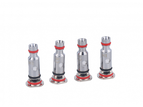 Uwell Caliburn G Coils 1,0 Ohm Vier silberne Verdampferköpfe mit rotem und schwarzem Ring, kompatibel mit Uwell Caliburn G, auf weißem Hintergrund.