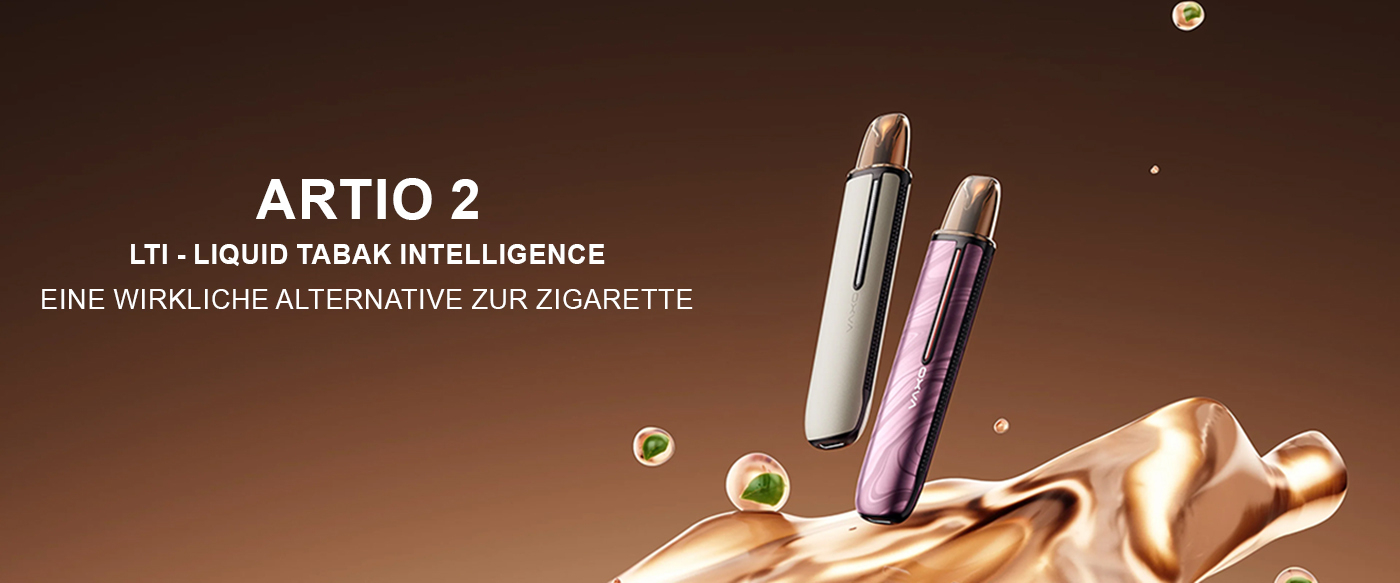 Oxva Artio 2 Banner mit 2 Artio 2 Akkus und Schriftzug zur echten Zigaretten Alternative