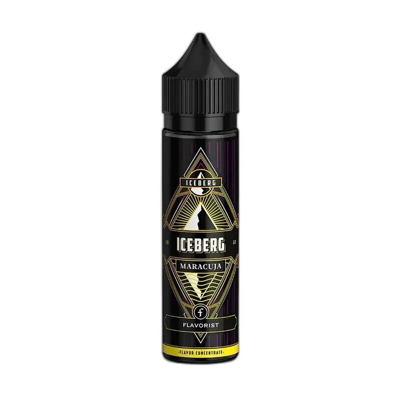 Aroma Iceberg Maracuja in von Flavorist Flavorist Aroma Iceberg Maracuja Flasche mit schwarzer Kappe und goldenen Grafiken, textlich hervorgehoben sind Iceberg, Maracuja und Flavorist