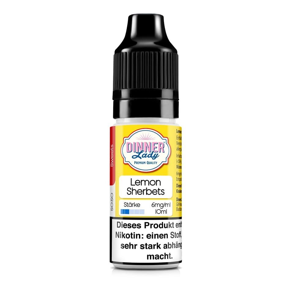 Dinner Lady Liquid Lemon Sherbets Flasche mit schwarzem Verschluss, gelb-weißem Etikett, 6mg Nikotin, Warnhinweis auf Abhängigkeit