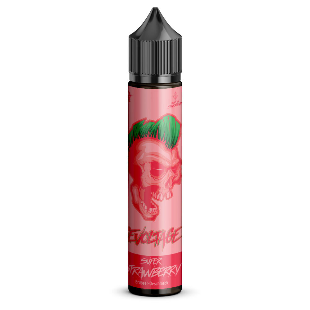 Flasche mit Revoltage Longfill Aroma Super Strawberry, Schädel-Design, grüne Haare, rote Schrift.