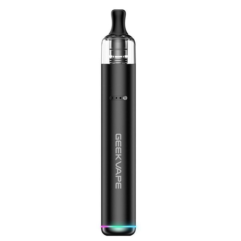 Geekvape Wenax S3 Pod Kit in der Farbe Black Geekvape Wenax S3 Pod Kit in Schwarz mit transparentem Pod und beleuchtetem unteren Rand, vertikales Geekvape-Logo sichtbar.
