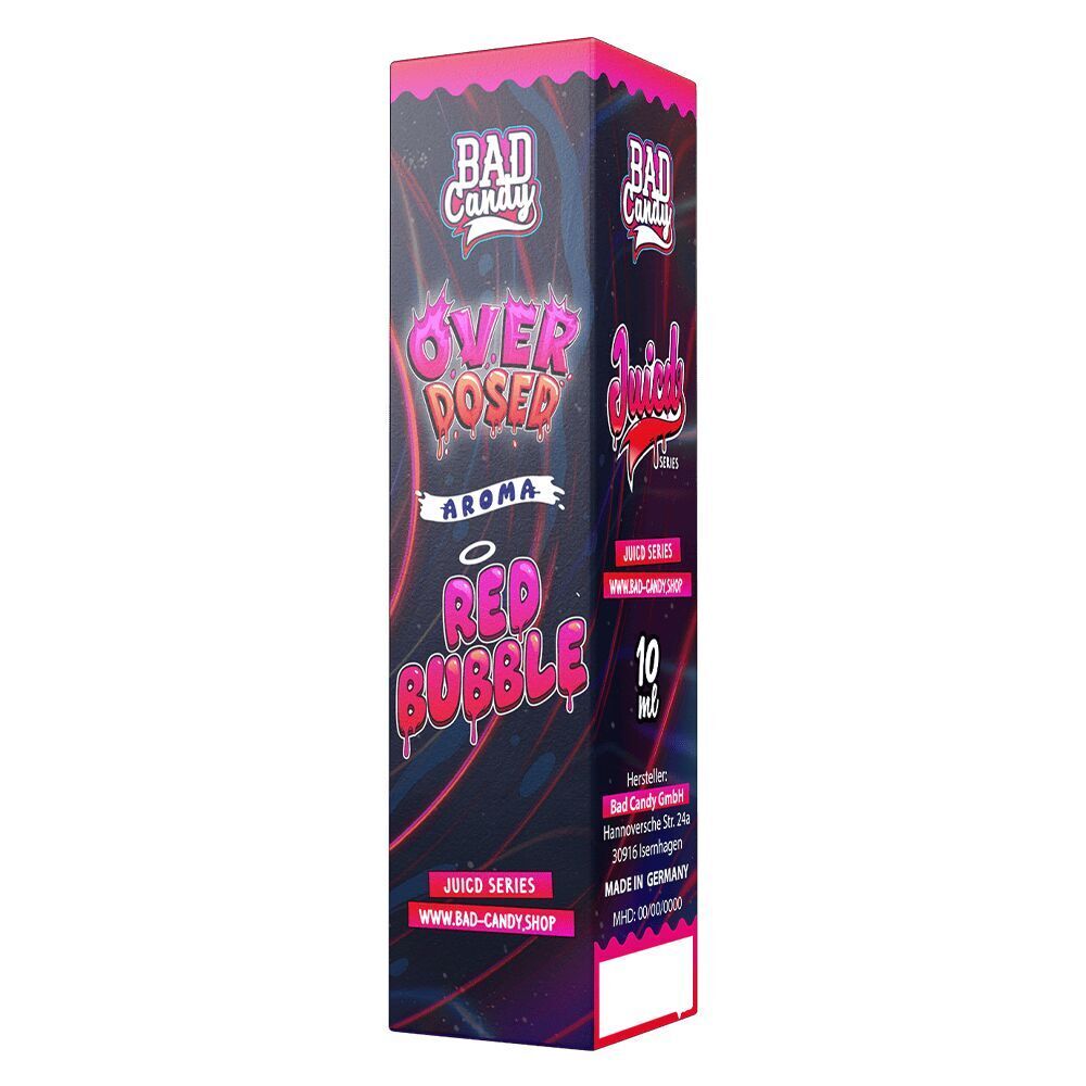 Aroma Red Bubble - Bad Candy Overdosed Verpackung für Bad Candy Aroma Red Bubble Overdosed, 10 ml, mit farbigem Design, Juicy Series-Aufschrift und Herstellerangaben aus Deutschland