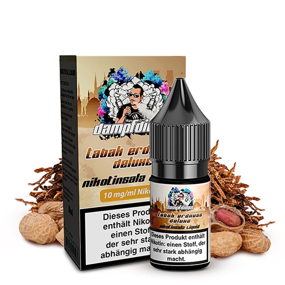 Liquid Tabak Erdnuss Deluxe 10mg - Dampfdidas Dampfdidas Nikotinsalzflasche und Verpackung mit Tabak und Erdnüssen im Hintergrund, Aufschrift: „Tabak Erdnuss Deluxe“