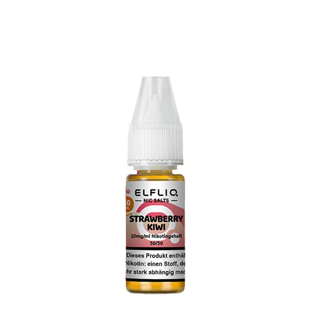 Elfliq Nikotinsalz - Strawberry Kiwi 10mg Elfliq Nikotinsalz-Flasche mit dem Aufdruck "Strawberry Kiwi", Nikotingehalt 10mg/ml, rote und grüne Gestaltungselemente auf dem Etikett