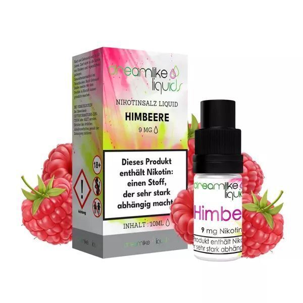 Liquid Himbeere von Dreamlike Liquids Dreamlike Nikotinsalz-Liquid Himbeere 9 mg, Flasche und Verpackung mit Nikotinwarnung, dekorative Himbeeren im Hintergrund