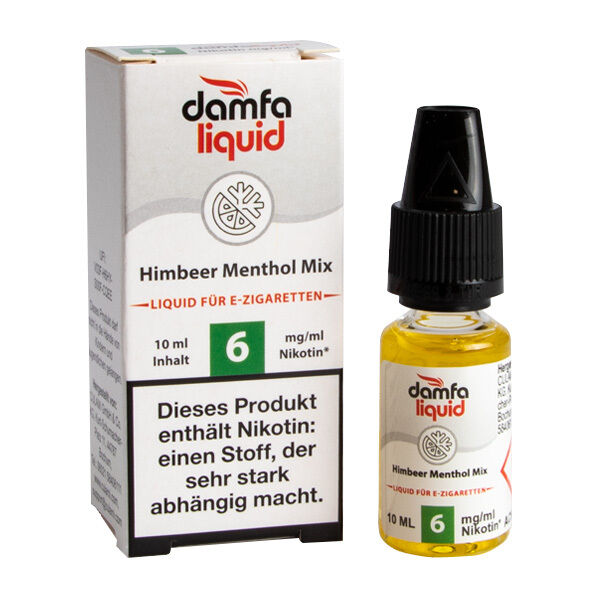 Liquid Himbeer Menthol Mix 6mg - damfaliquid E-Flüssigkeit Damfaliquid Himbeer Menthol Mix 6mg, 10ml Flasche und Verpackung, enthält Nikotin, das stark abhängig macht
