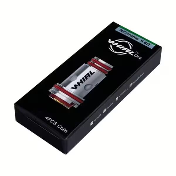 Schwarze Verpackung der Uwell Whirl Coils, 4 Stück, mit silbernem Coil-Abbild, rotem Rand und Text "NiChrome 0.6Ω" auf grünem Hintergrund.