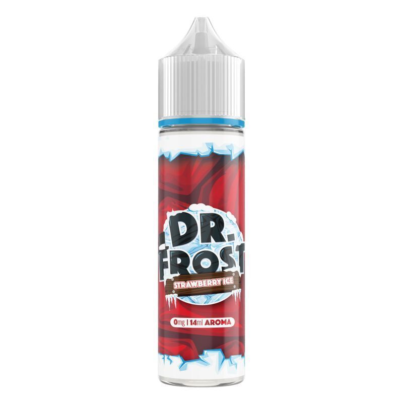 Aroma Strawberry Ice von Dr. Frost E-Liquid-Flasche mit Dr. Frost Aroma Strawberry Ice Design, 0 mg Nikotin, 14 ml, rotes und eisiges Grafikmuster auf der Verpackung.