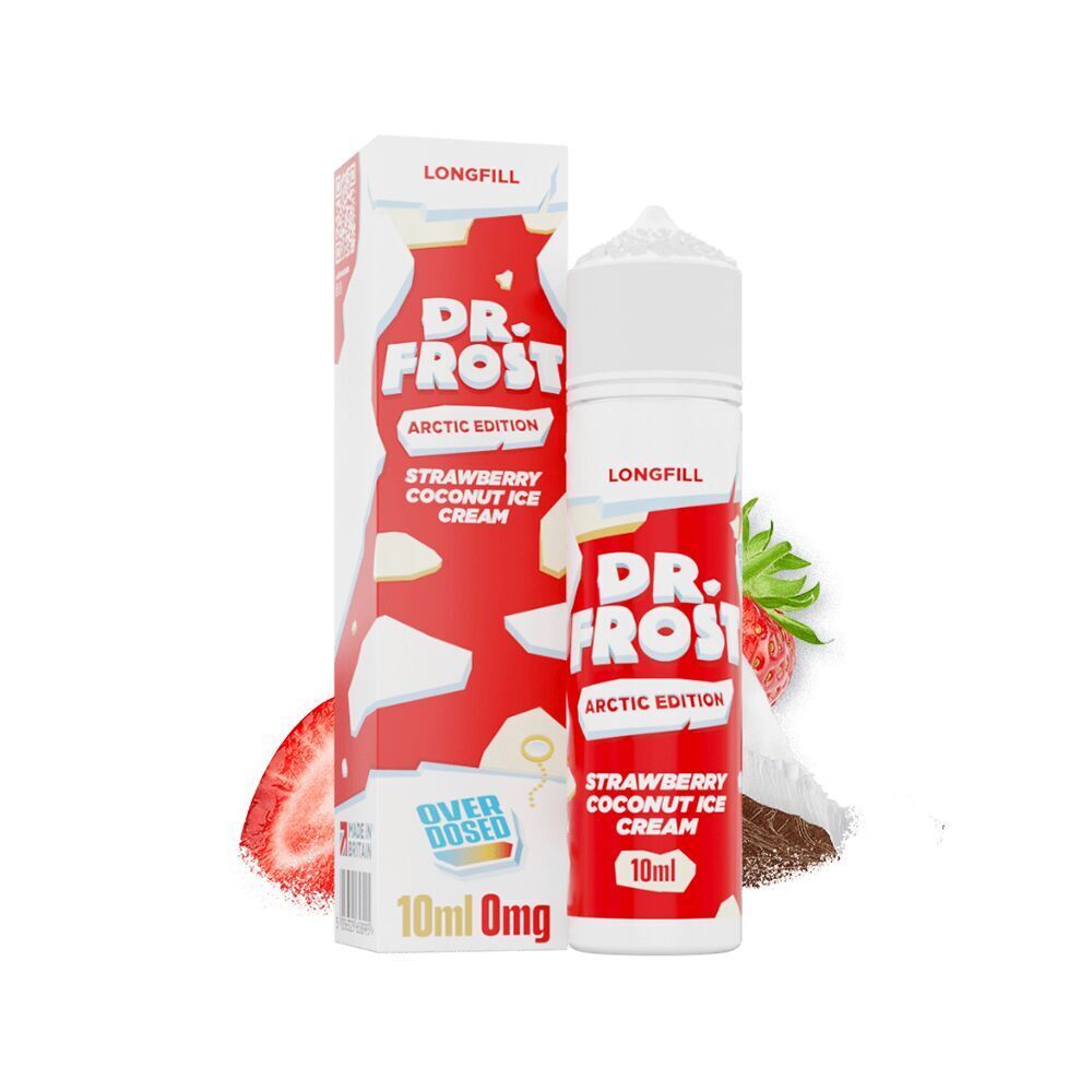 Aroma Strawberry Coconut Ice Cream - Dr. Frost Dr. Frost Aroma Flasche und Verpackung mit rot-weißem Design, Text "Strawberry Coconut Ice Cream" und Hintergrund mit Erdbeere und Kokosnuss.